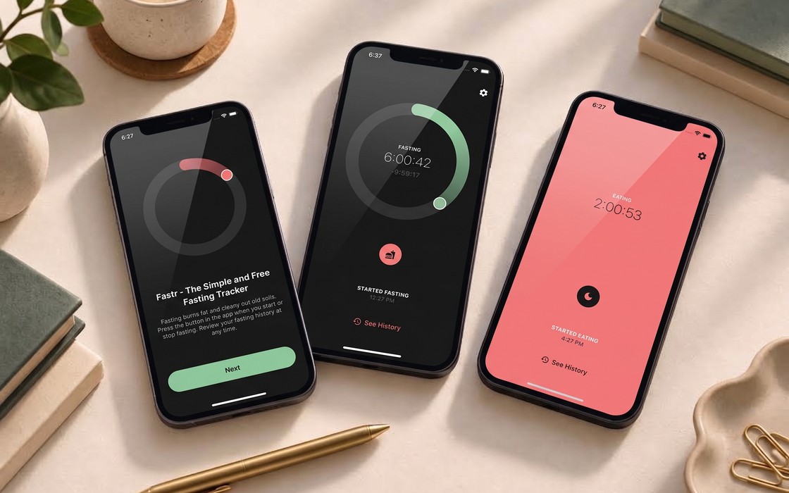 Three phone mockups showing Fastr app screens on a desk